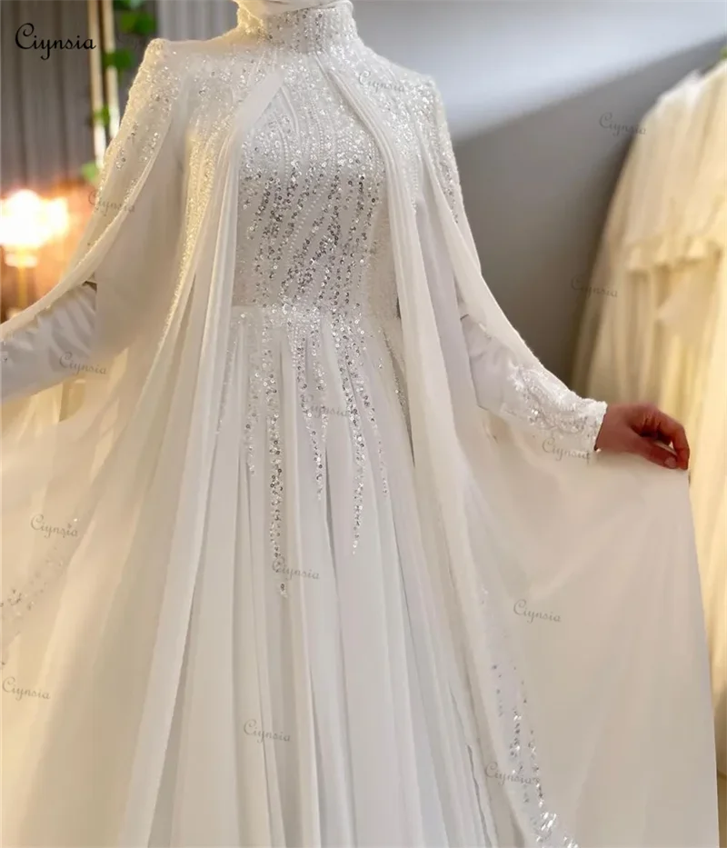 

Ciynsia Arabic Dubai Muslim Wedding Dresses with Hijab High Neck Islamic Bridal Gowns Chiffon Beaded Long Sleeves Robe De Mariée