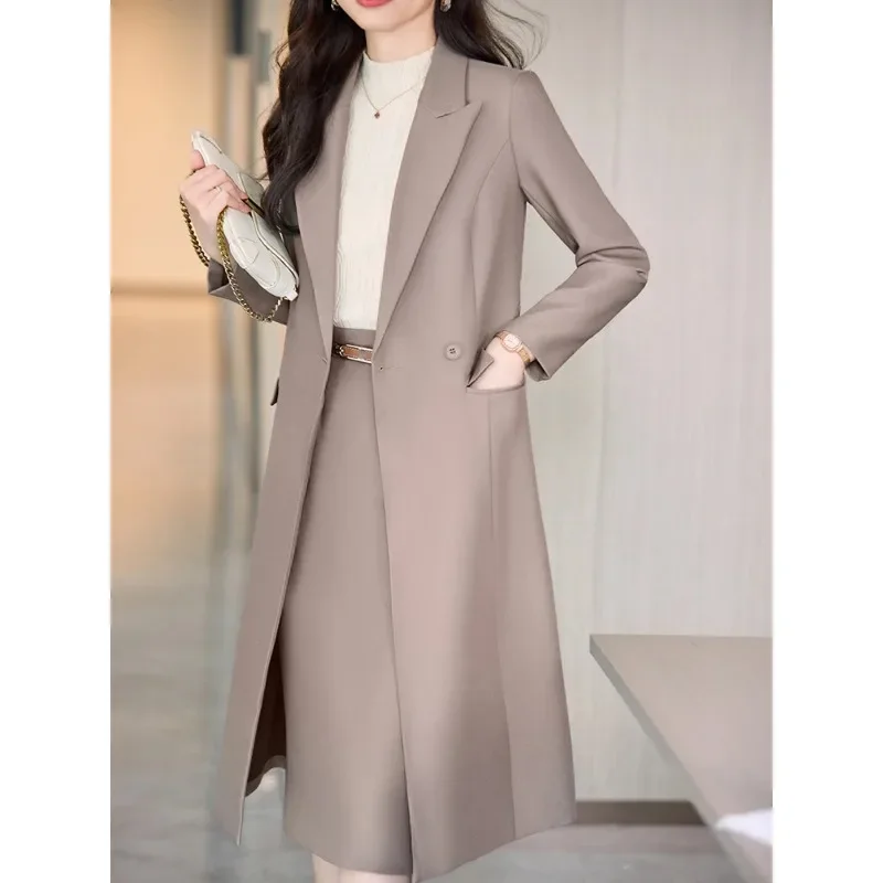 Black Blue Brown Office Ladies Skirt Suit Women Female Long Sleeve Formal Two Piece Set for Autumn Winter Business Work Wear