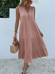 JIM & NORA Casual Summer Midi Dress Women Sleeveless Tank V Neck Buttons Ruffle Loose Dresses Beach Soild Sundress Fashion