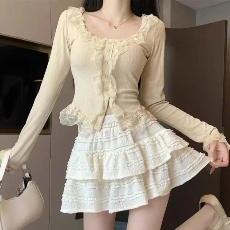 

White Cake Skirt Half Skirt Women's New Style Small Height High Waist A-line Short Lace Ballet Puffy Skirt