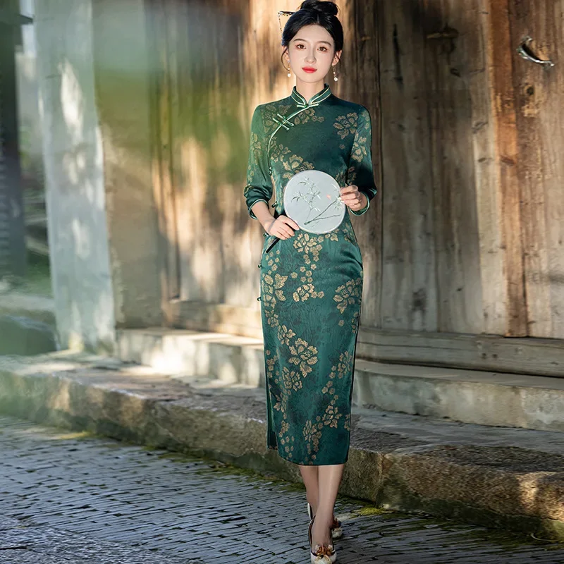 

New Chinese Style 2024 Autumn New Dark Green Retro Improved Long Double-layer Cheongsam Qipao Dress