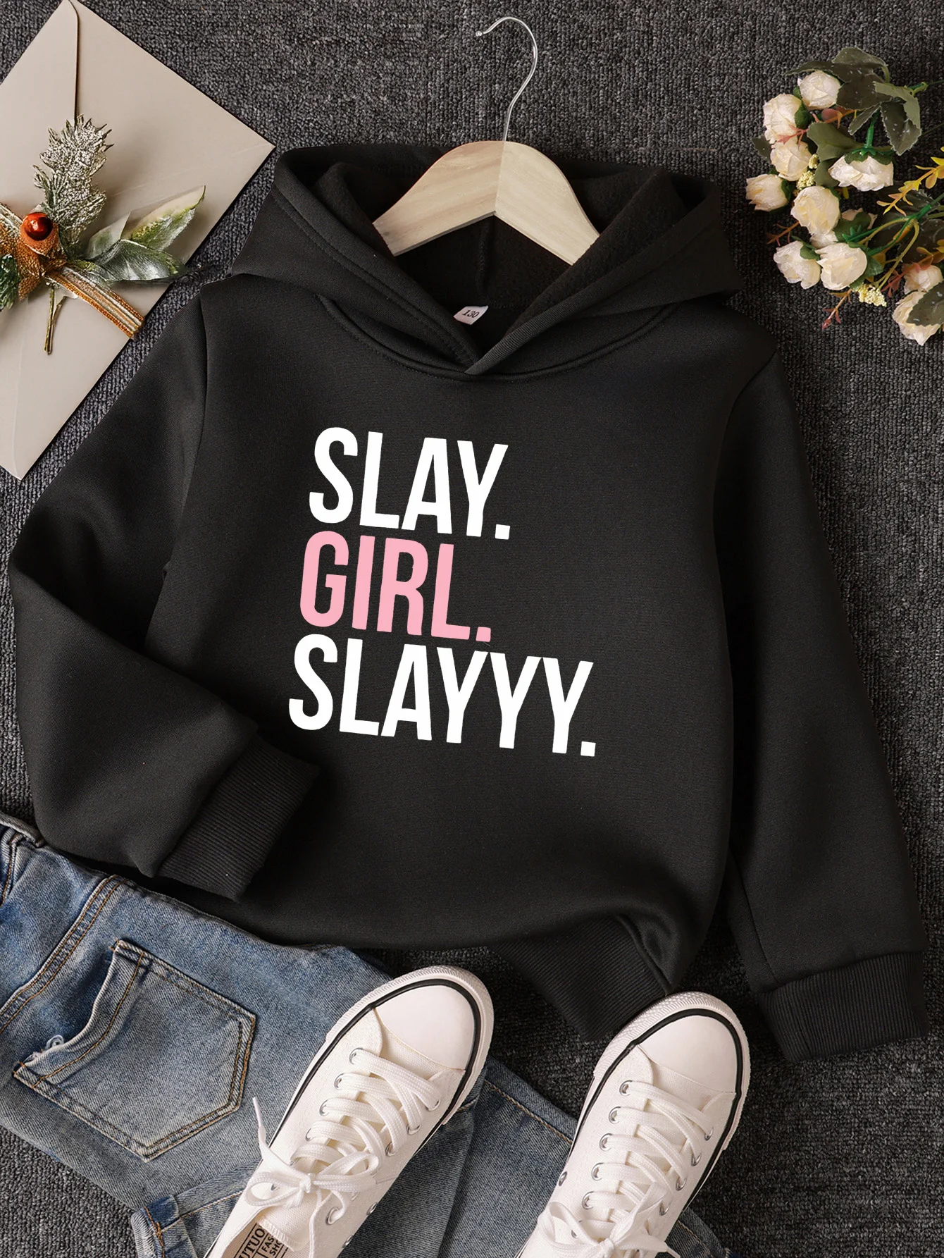 

Толстовка с капюшоном для девочек с рисунком "SLAY GIRL SLAYY" - Удобный осенне-зимний пуловер