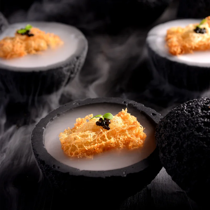 Creative Round Planet Volcanic Stone Design Artistic Restaurant Seafood sushi Sashimi Ice Smoke Hotel tableware plate