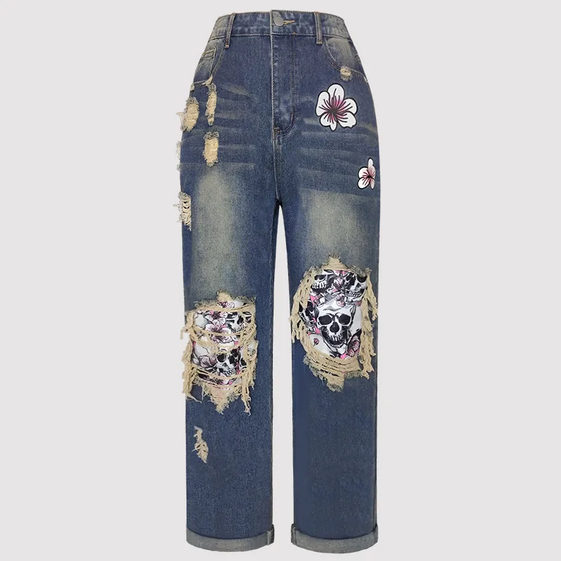 

Женская одежда, новые весенне-осенние уличные стильные рваные нашивки с черепом, модные прямые джинсы, брюки, брюки