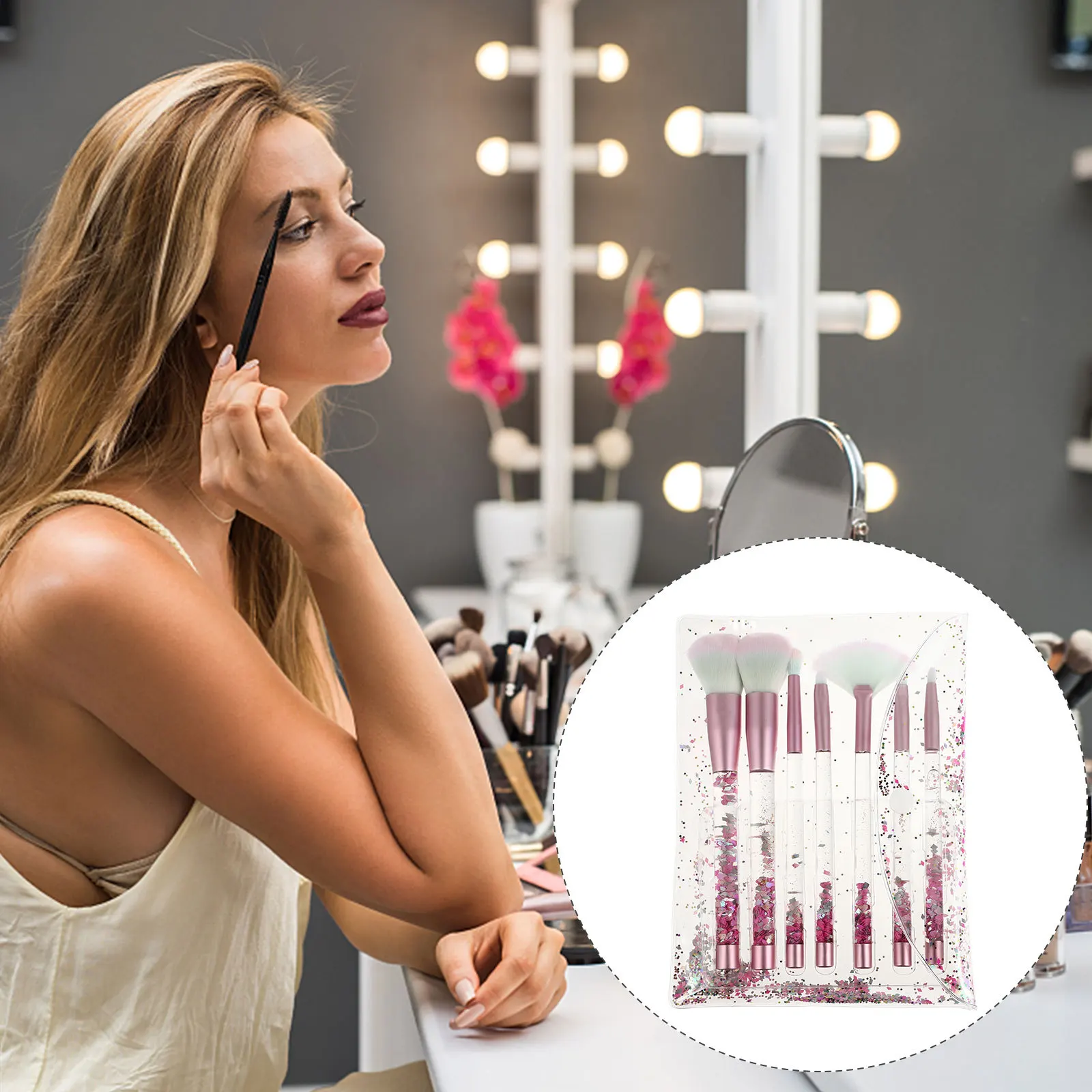 Yellow Crystal Scatter Cone Shape Makeup Brush Set Transparent Handle Portable Professional Kit for Flawless Makeup