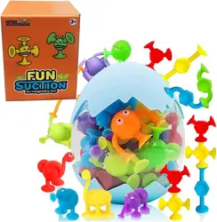 Suction Cup Toys 27 PCS Silicone Suction Bath Toys Travel Toys Window Toy for Kids Sensory Toys with Dinosaur Eggshell Storage