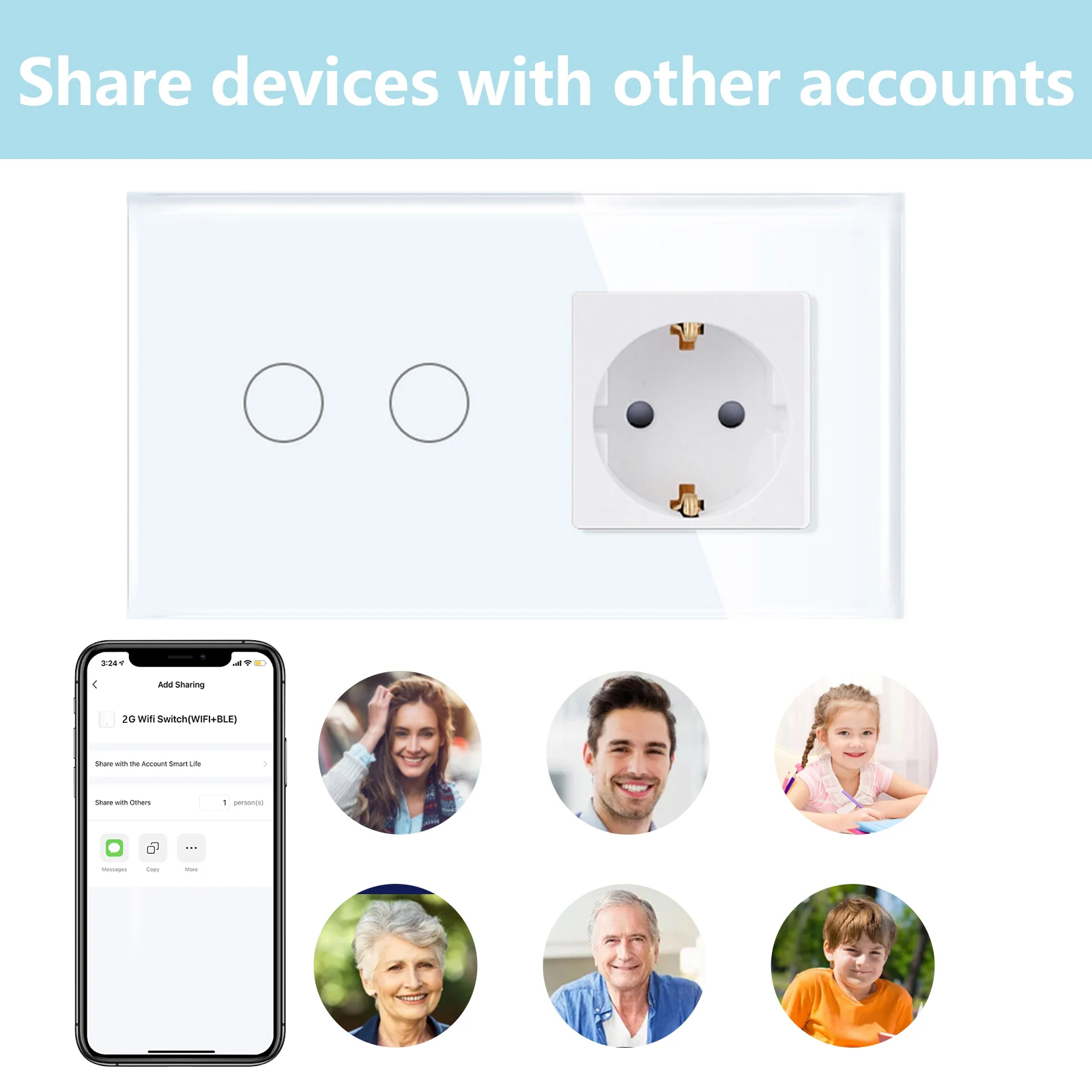 Normal Socket With WiFi Light Switch, Work With Alexa Google Home, Glass Touch Screen,2x1Way, 16A Socket, Neutral Line Required