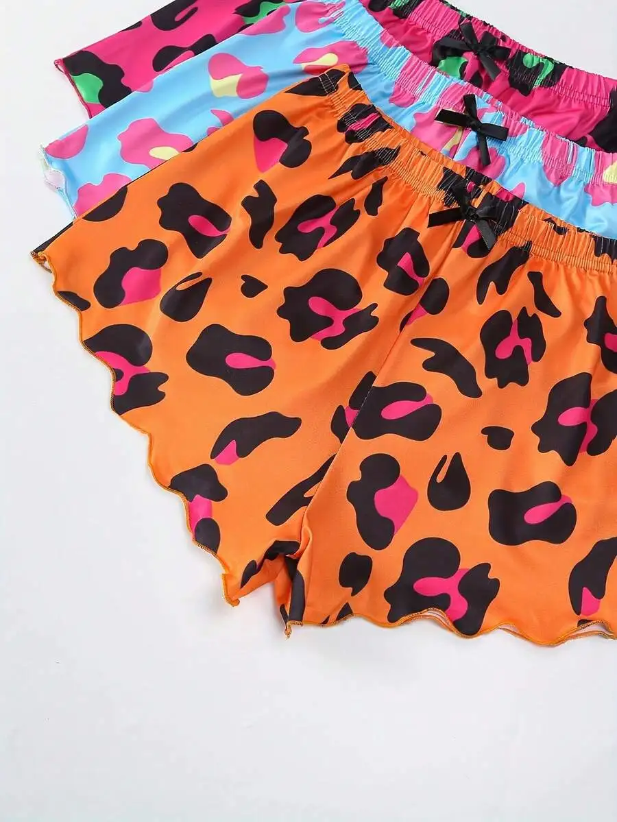 

3pcs Womens Leopard Print Sleep Shorts With Bow Detail Elastic Waist Breathable Lounge Pants