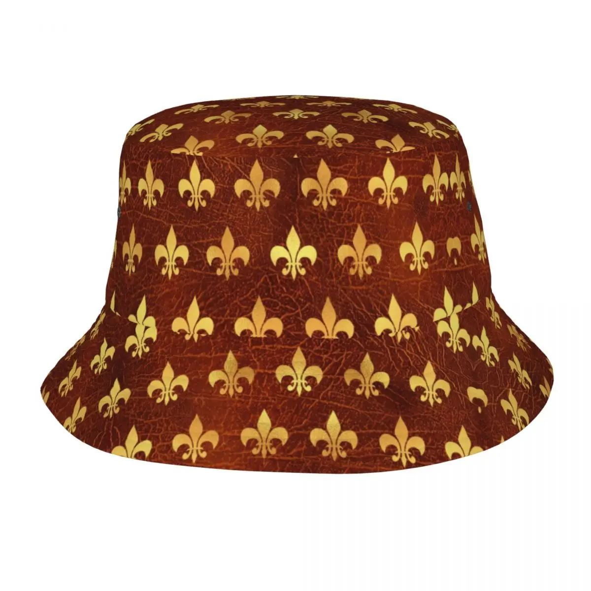 Foldable Royal Gold Brown Leather Fleur De Lis Bucket Hat for Men Women Lily Flower Summer Beach Sun Lily Flower Fisherman Cap