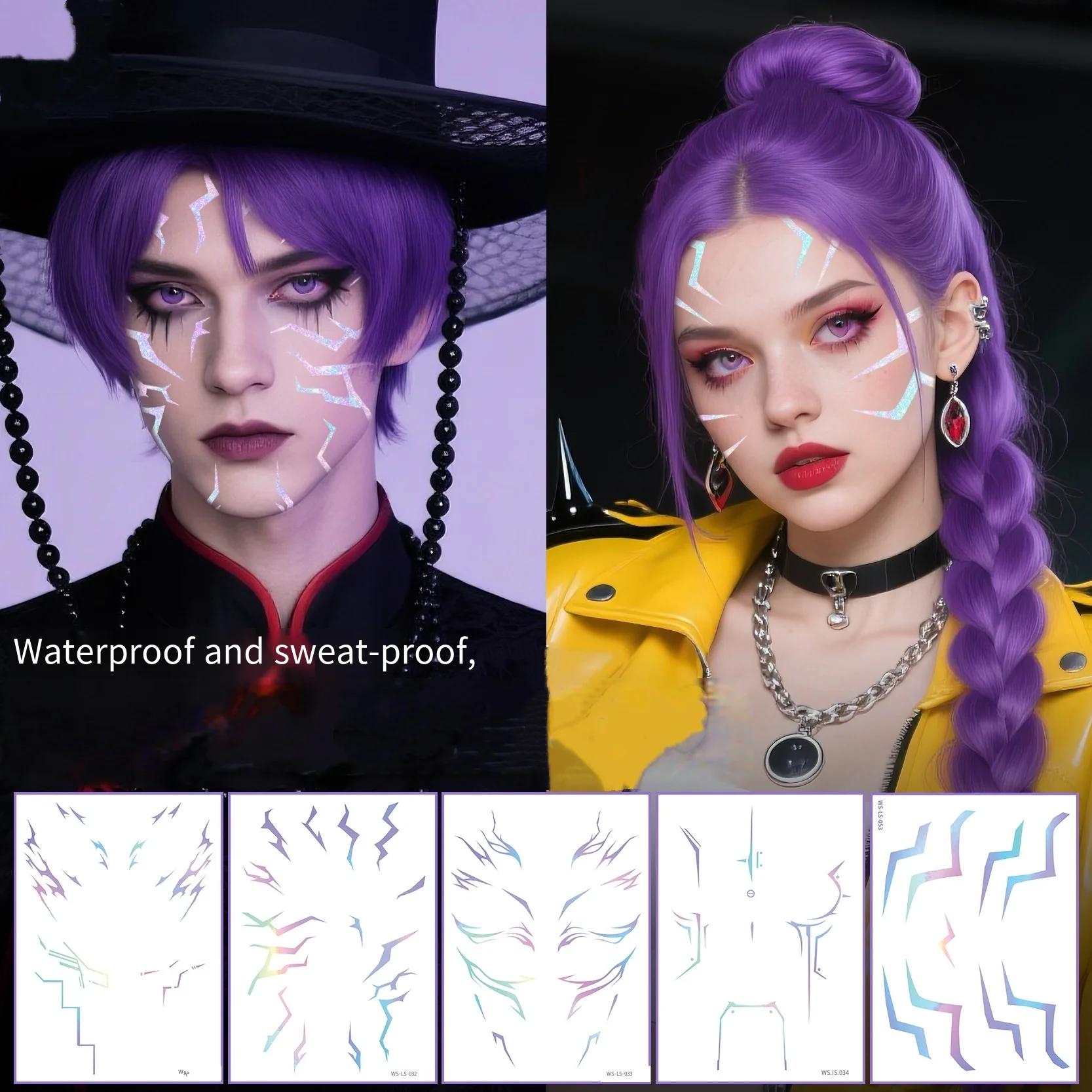 

4pcs/set Laser Temporary Tattoo Stickers Anime Cosplay Stage Performance Makeup Facial Stickers Halloween Party DIY Decorations
