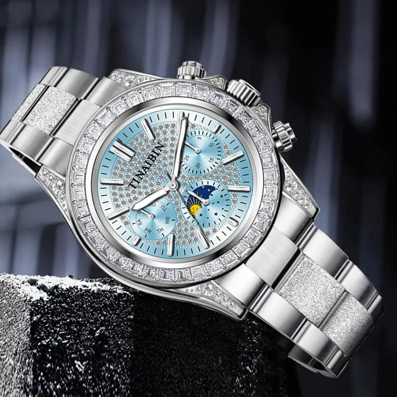 Luxury Tourbillon Moon Phase Automatic Movement Diamond Watches for Men Ice Blue Stainless Steel Pressed sand strap reloj
