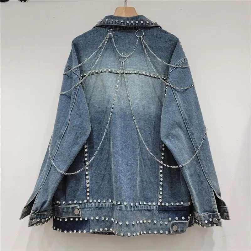 Thailand Tide Brand 2023 Autumn New Design Sense Heavy Industry Chain Flash Diamond Denim Jacket Women's Jacket Top Cross-border