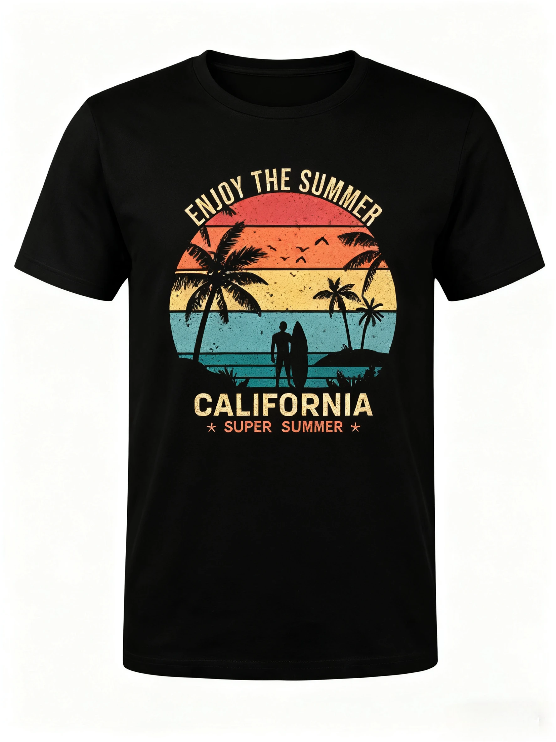 تي شيرت مطبوع عليه Intage California Surf Graphic تي شيرت قطني مطبوع عليه شجرة النخيل الصيفية، تي شيرت ريترو للشاطئ