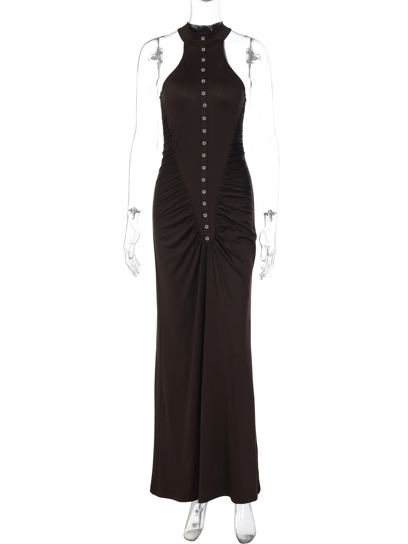 Dulzura 夏ファッションセクシーな O ネックノースリーブシャーリングシングルブレストスリムロングドレス女性固体エレガントなドレスパーティークラブ衣装