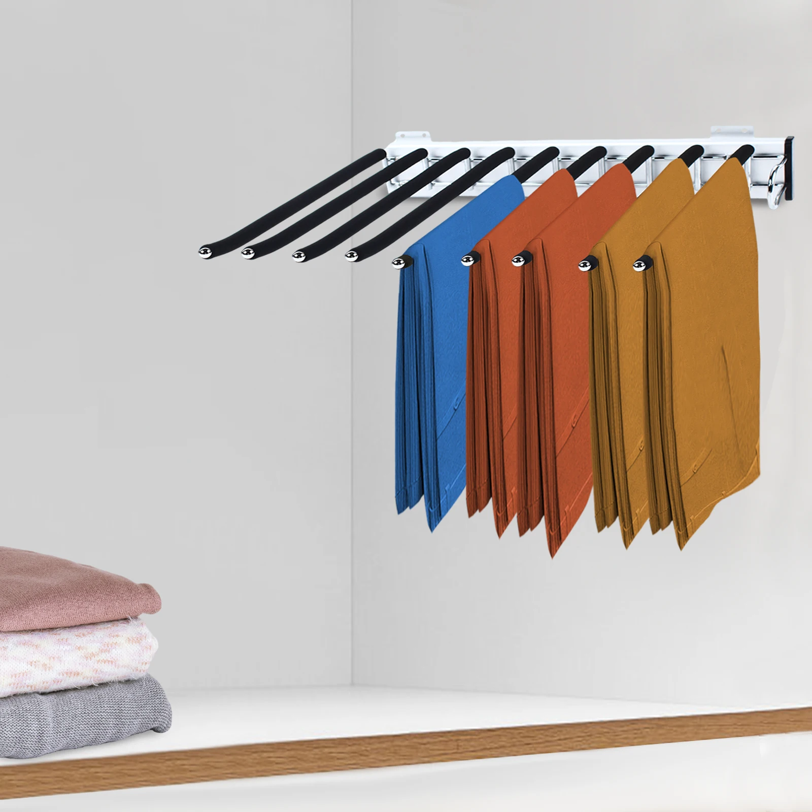 9-Rod Premium Pull-Out Wardrobe Pants Rack Space-Saving for Modern Closet Storage Pants Storage Organize Shelf Rack Wall Mounted