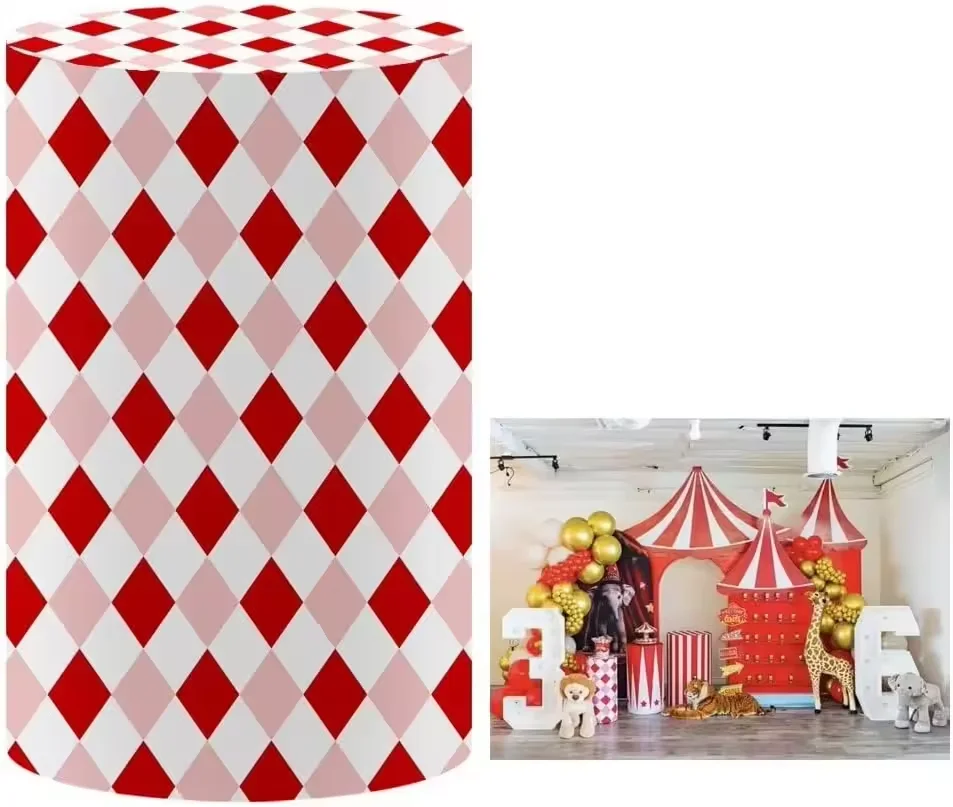 Circus Carnival Party Cylinder Cover Backdrop Kids Birthday Party Baby Shower Elastic Plinths Dessert Pedestal Decor Background