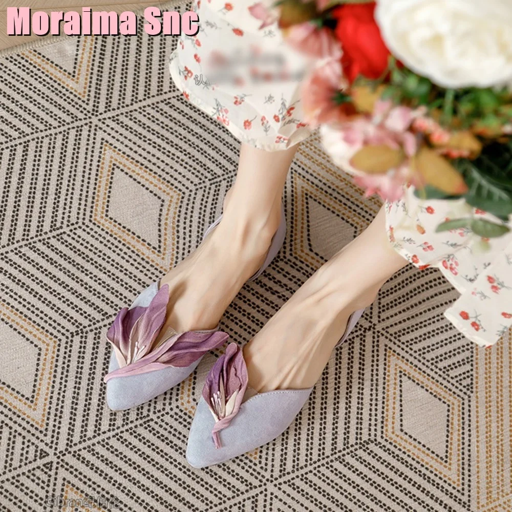 Flower Decor Pointed Toe Flat Shoes Shallow Genuine Leather Elegant Designer Women Shoes Sandals Summer Fashion Vintage Style