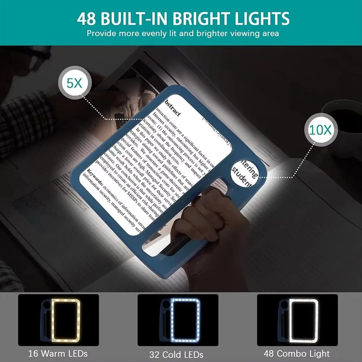 (CLOS) Rechargeable Magnifying Glass for Reading, 5X 10X Page Magnifier Glasses with Lights for Seniors Elderly Low Visions,A