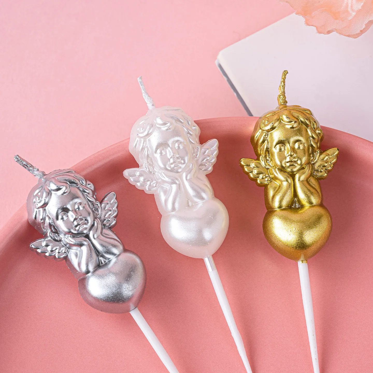 Pearlescent White And Silver Cupid Little Angel Candle Cake Decoration Plugin For Couples' Anniversary And Birthday Outfits