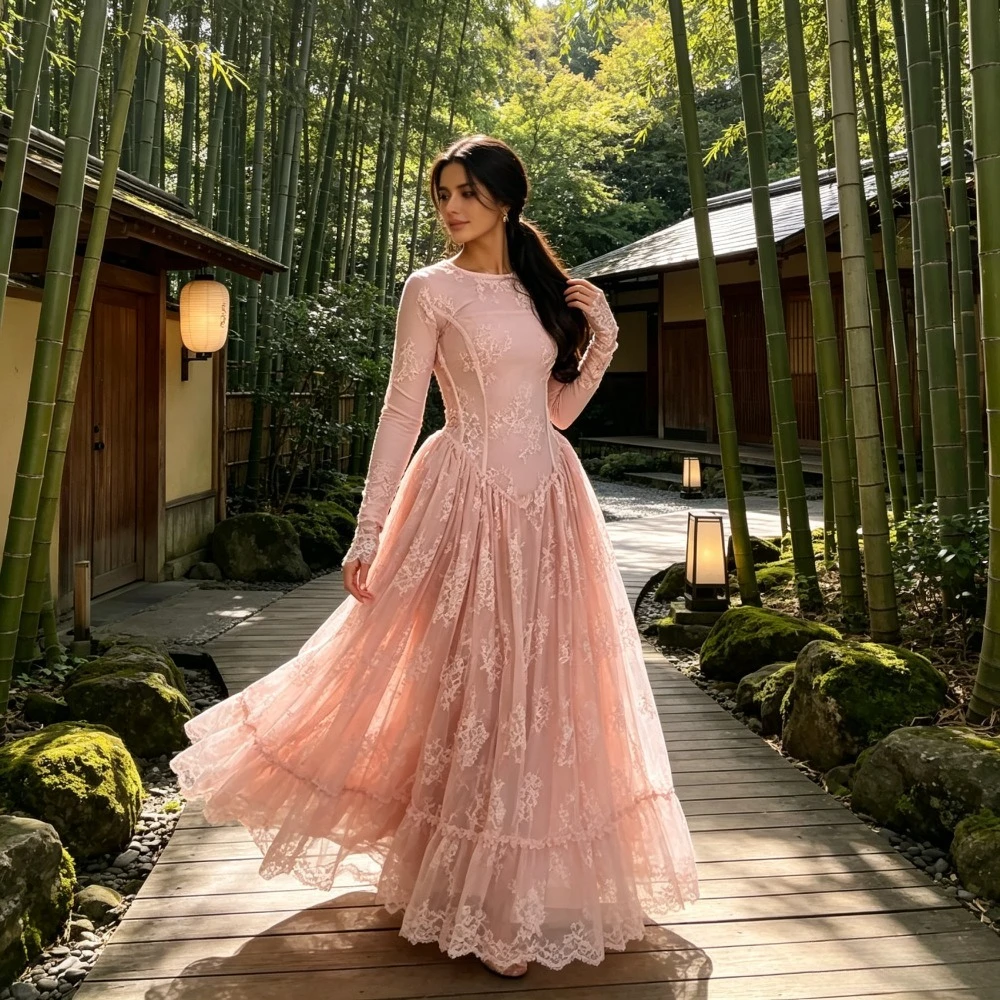 Customized Powder Blusher Lace Long Sleeves Evening Gown Round Neck Phantom Body Elegant Skirt Prom Dress Suitable for Beach