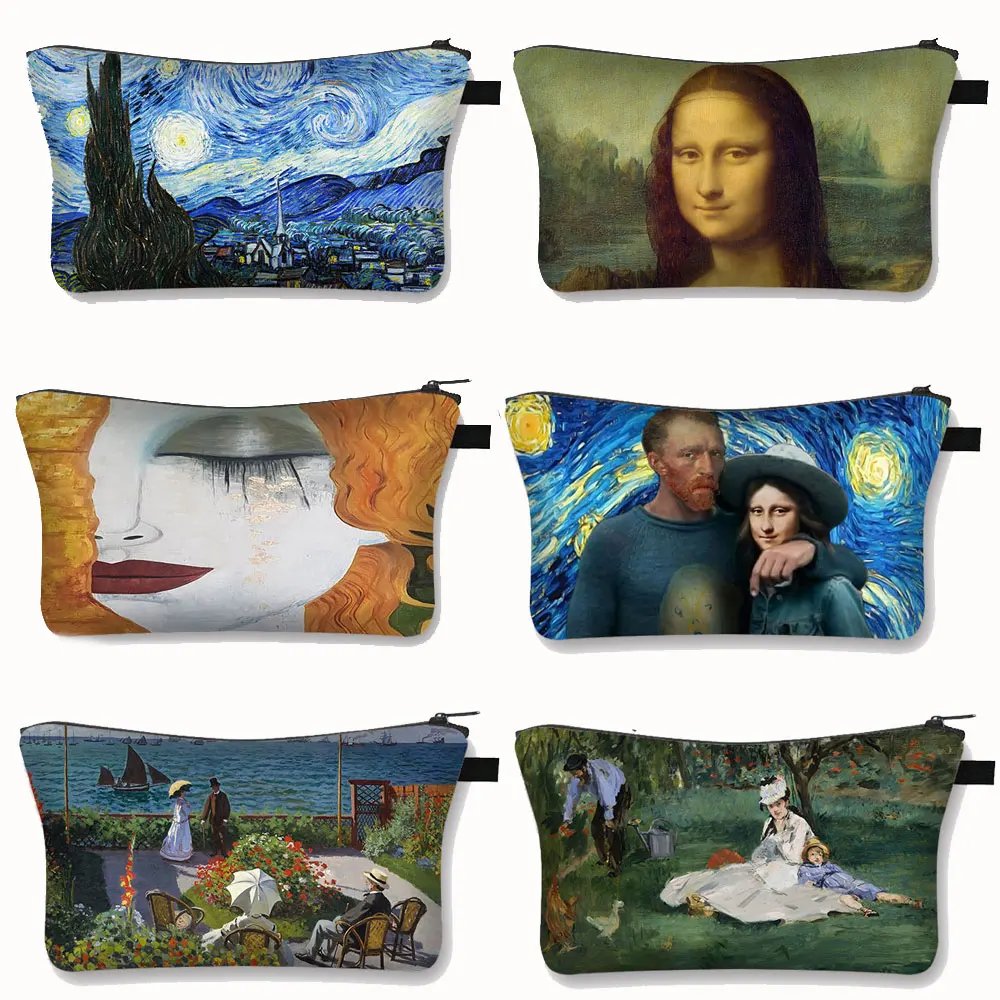 

Mona Lisa Da Vinci Pattern Cosmetic Bag Water lilies /Van Gogh / Gustav Klimt Printed Makeup Bags Women Lipstick Bag Gift