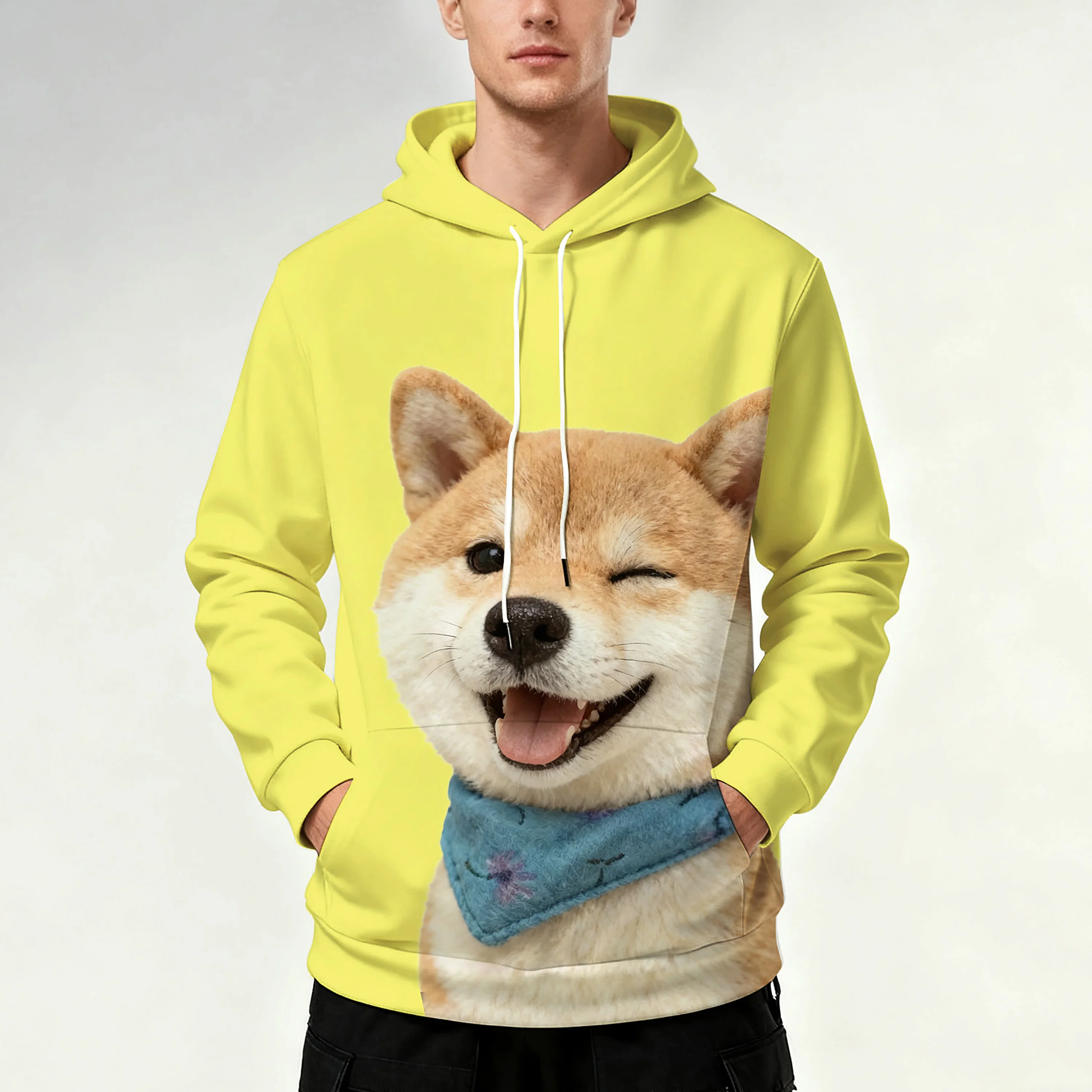 

Мужской повседневный пуловер с капюшоном, шнурком, карманом кенгуру и рисунком щенка из мультфильма — стильный и повседневный.