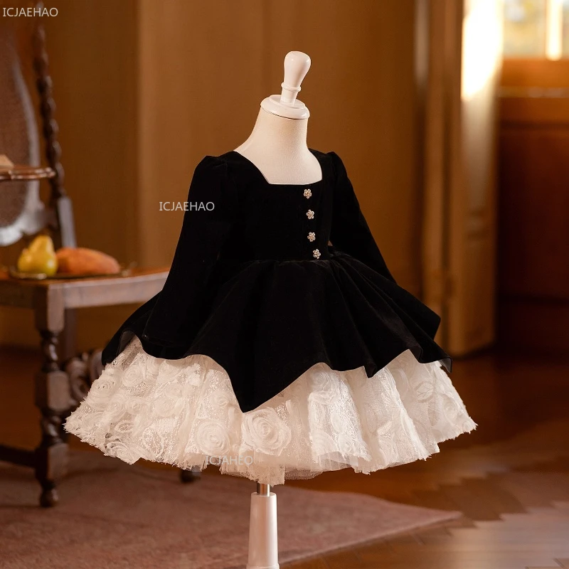 Black Children Girls Birthday Princess Ball Gown Long Sleeve Party Dress Piano Performance Host Formal Evening Gown Kids Clothes