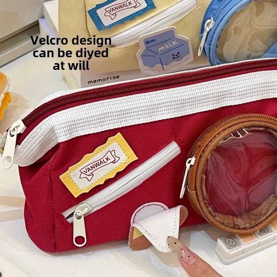Kawaii Pizza Milk Pencil Bag with Transparent Window, Large Capacity Canvas Pencil Case Multi Pocket Zipper Pen Pouch, Cute Stud