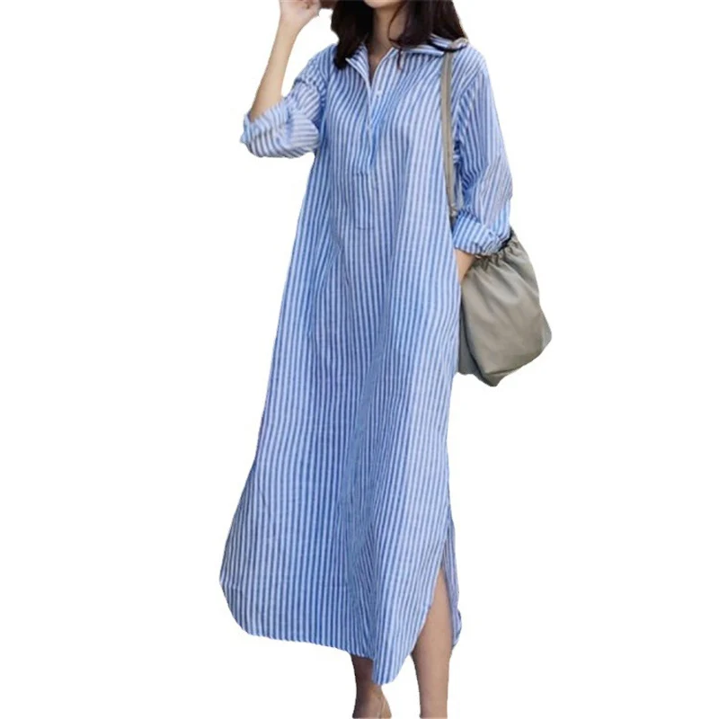 TFETTERS 女性の夏のロングドレス長袖ブルーストライプデザインシャツ襟芸術的なスタイルの女性マキシドレス