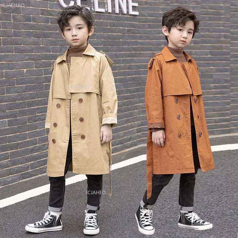 

Baby Boys Windproof Jacket British Double Breasted Windbreaker with Waistbelt Turn-Down Collar Kids Clothes Vintage Trench Coat