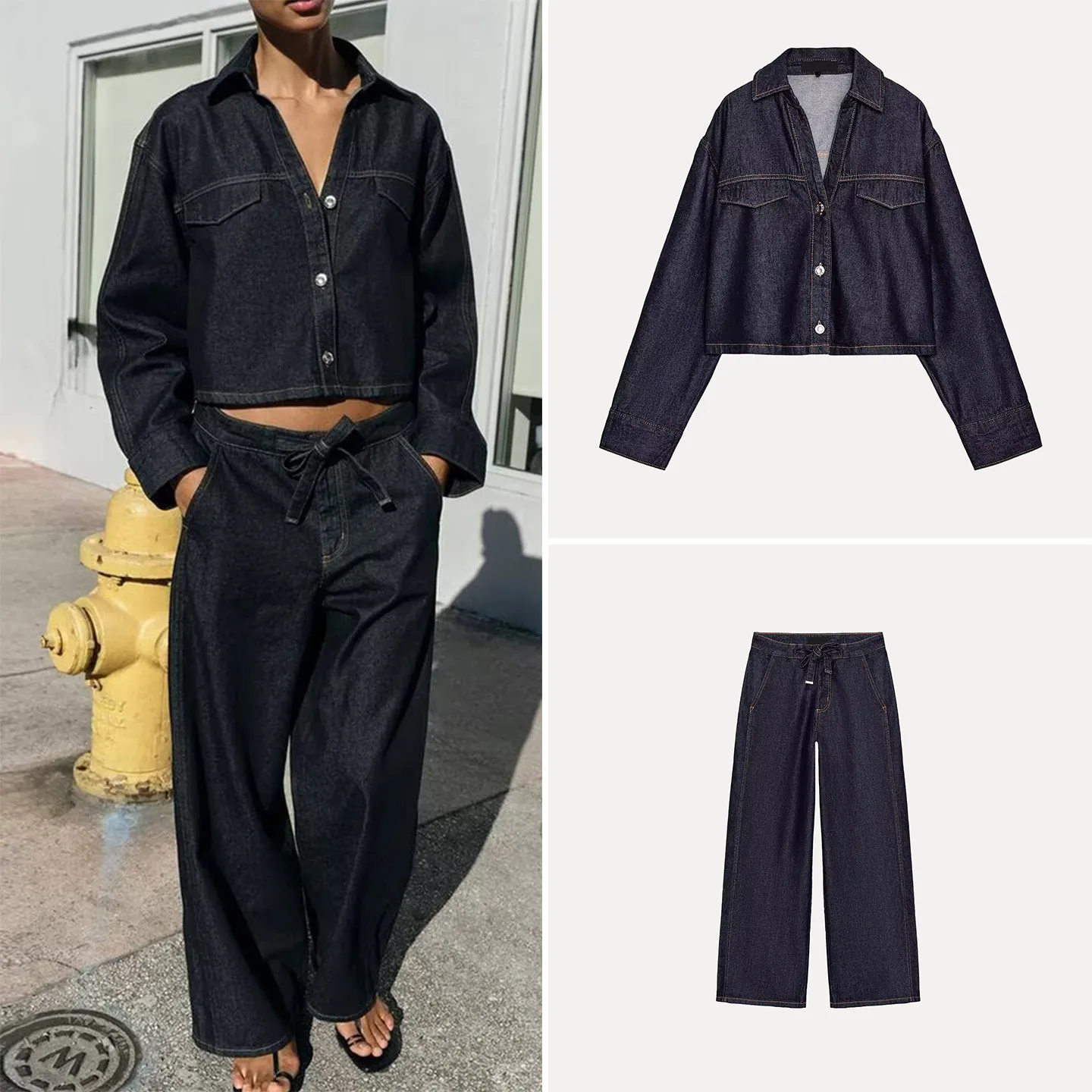 

Женский джинсовый комплект: укороченная рубашка со скрытыми пуговицами и брюки с высокой талией и широкими штанинами. Весенний модный образ. Бренд Zadata.