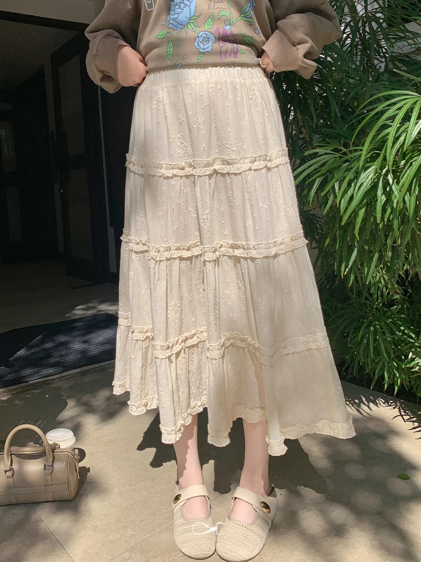 

New Heavy Embroidery Wooden Casual Midi Skirt plus Size Women's Faion High Waist A-Line Cotton Spring Summer Autumn