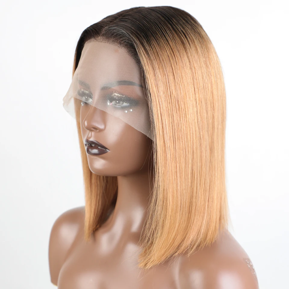 Ombre Gold Blonde Short Straight Bob 13x6x1 Lace Front Human Hair Wigs For Women Glueless Brazilian Remy Hair Colored Wig