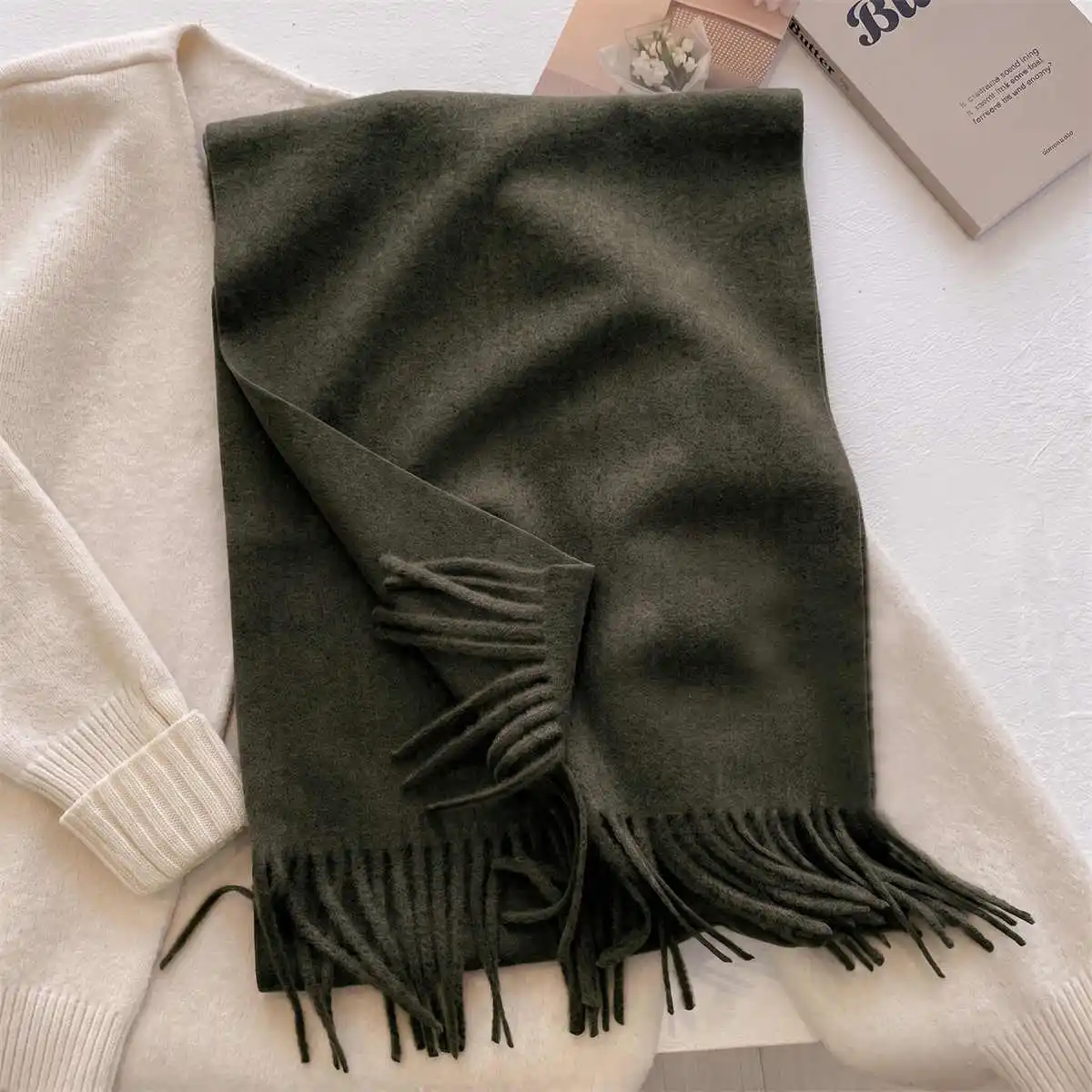 Female Plain Tone Imitation Cashmere Long Wrap Shawl Long Dangling Tassels Thick Warm Neck Scarf For Cold Outdoor Activities