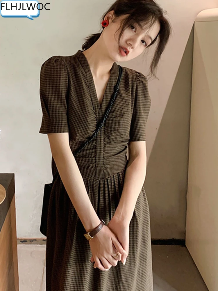 

New Design Japan Style 2022 Women Cute Office Lady Chic Korea Girls Plaid Brown Vintage Long Shirt Dress Retro Vestidos