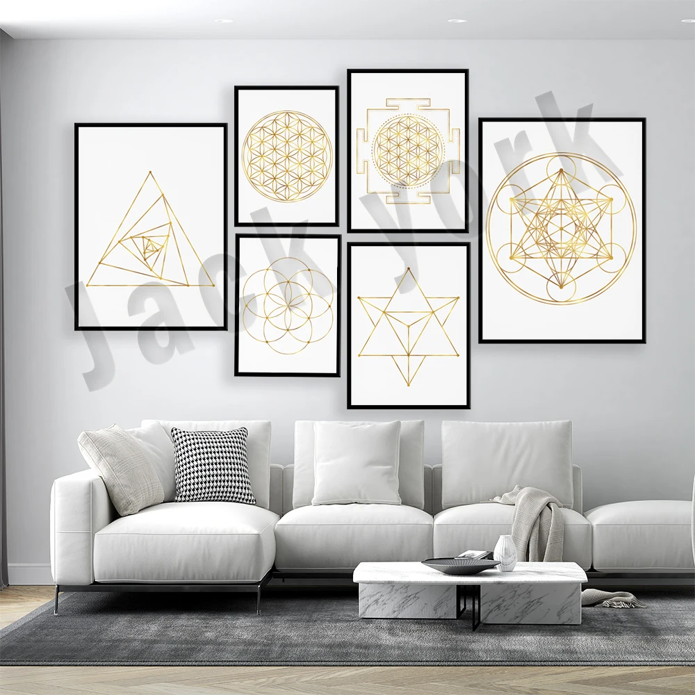 Golden Equilateral Triangle, Venus Tetrahedron, Golden Metatron Cube, Seed of Life, Flower of Life Yantra, Sacred Geometry Poste