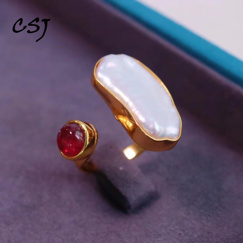 

CSJ Beautiful Baroque Pearl Ring 925 Sterling Silver Pink Tourmaline for Women Wedding Engagement Party Trendy Jewelry Gift