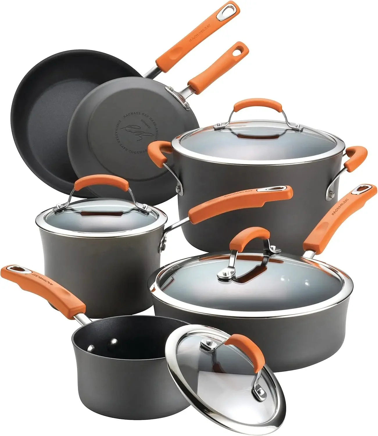 Hard-Anodized Aluminum Nonstick Cookware Set with Glass Lids, 10-Piece Pot and Pan Set, Gray with Orange Han