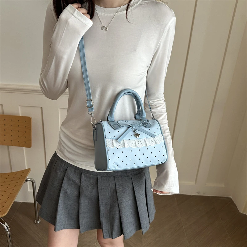 Koreanische Bogen Polka Dot Tasche Mode Bowler Tasche Farbe-blockiert Spitze Y2k Stil Handtasche Retro Süße Plaid Crossbody Zipper schulter Tasche – Detail 31