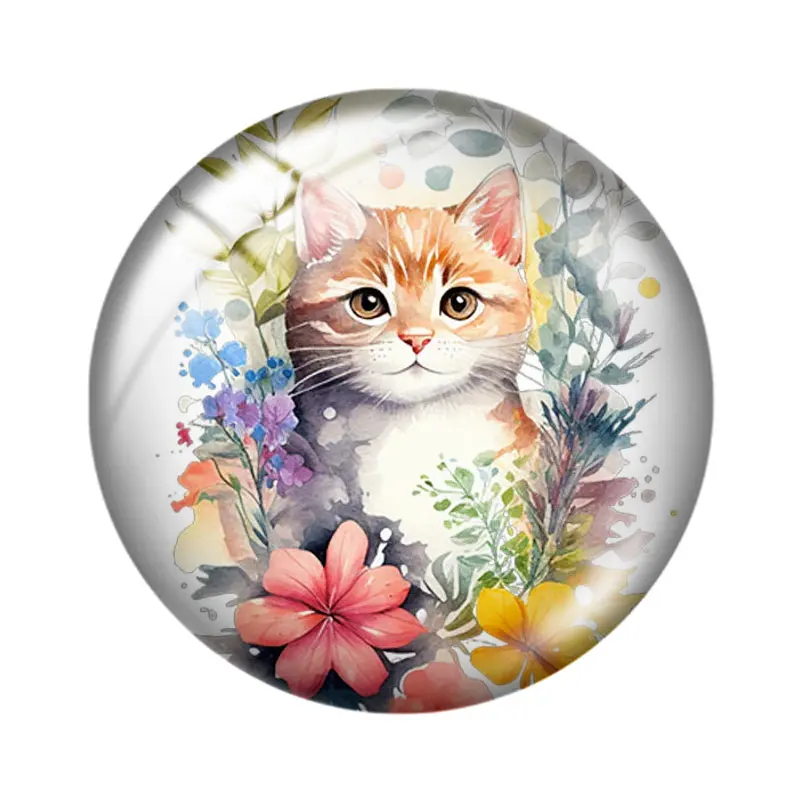 Watercolor Floral Cats 10pcs Mixed 12mm/18mm/20mm/25mm Round Photo Glass Cabochon Demo Flat Back Making Findings