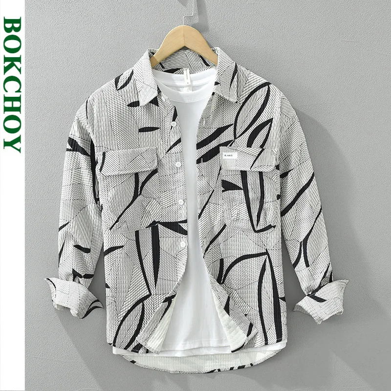 2024 Spring New Casual Printed Shirts for Men Clothing Simple Loose Long Sleeve Streetwear Mens Shirts CM6960