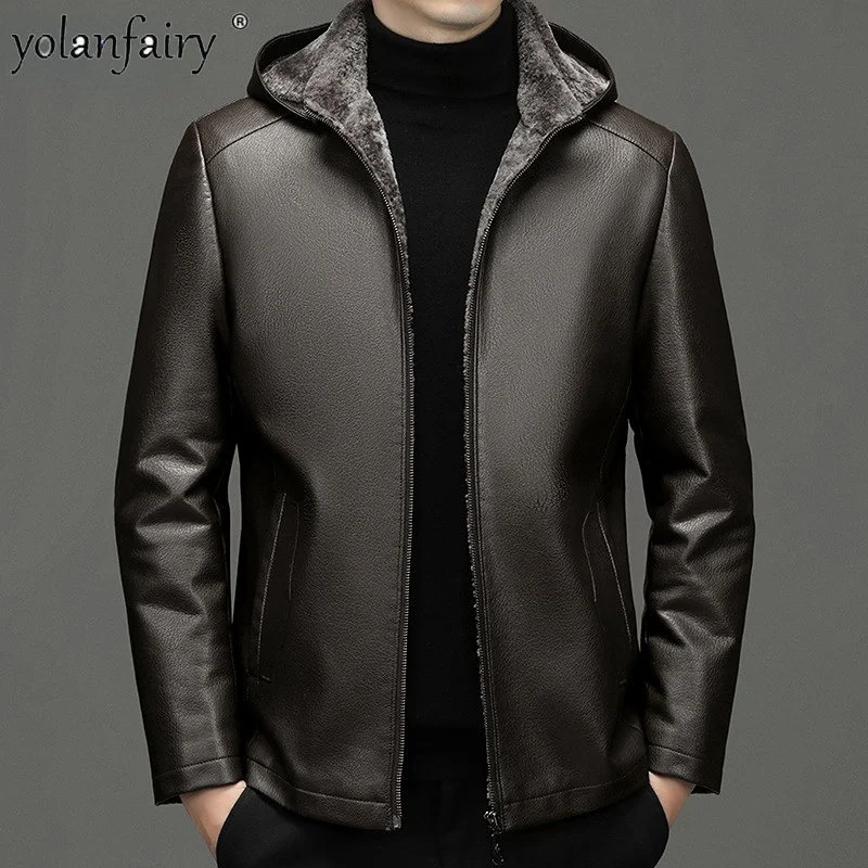 

Winter Jacket Men Fur Coat 2023 Men's Lambskin Man Detachable Hooded Microfiber Cow Grain Integrated Leather