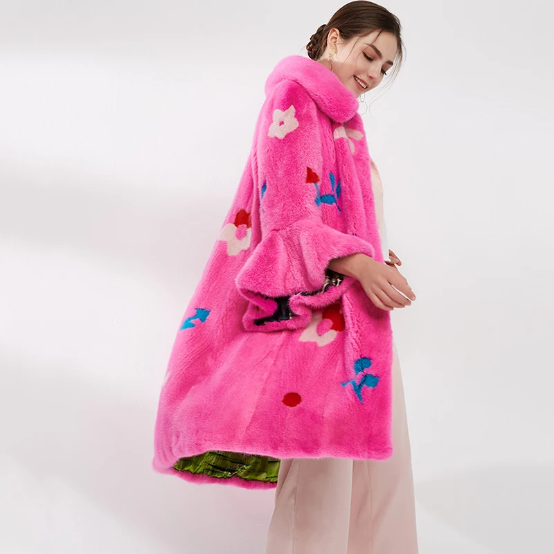 Ftangaiur Winter Female Import Velvet Mink Fur Coat Print Mink Coat Women Jacket Turn-Down Collar Natural Real Mink Fur Coats