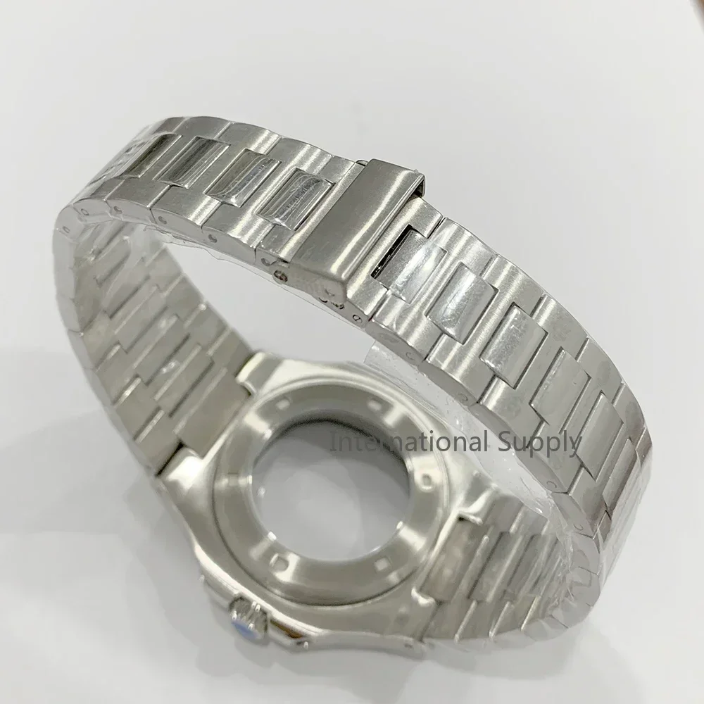 ساعة رجالية 41 ملم NH35 حافظة ذهبية وردية ملحقات ساعة لقطع غيار نوتيلوس من الفولاذ المقاوم للصدأ وحزام من الياقوت والكريستال والزجاج