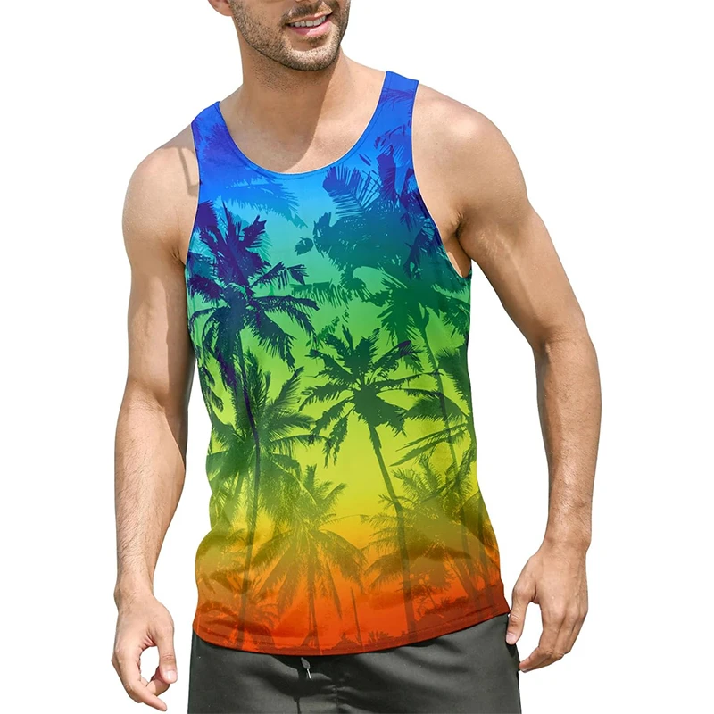 Hawaii Vacation Funny Vest Men's Clothing Colorful Plant Print Sleeveless Shirt Fantasy Animal Graphic 2025 Summer Trend Tank