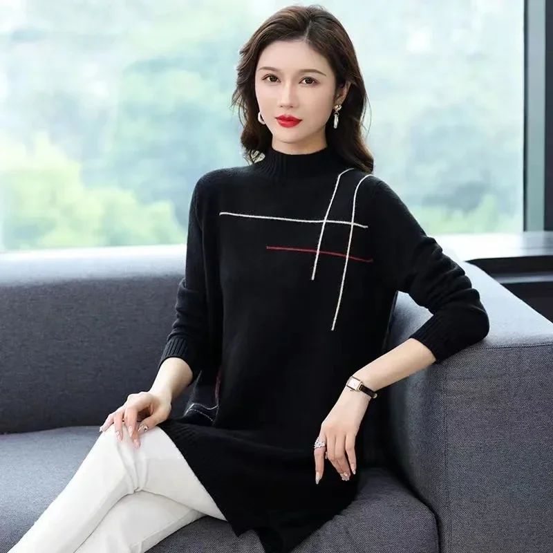 Musim gugur/musim dingin wanita Sweater Pullover Tinggi kasual serbaguna setengah kerah tinggi pertengahan panjang gaun rajut bawah kemeja wanita B601