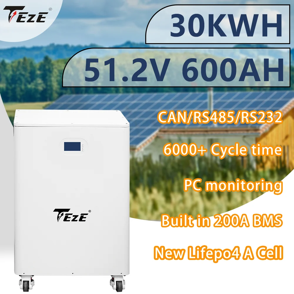 TEZE New Upgrade 30KWh Powerwall  51.2V 600Ah LiFePO4 Rechargeable Cell Built-in BMS 6000 Cycles 10KW Output Home Solar Storage