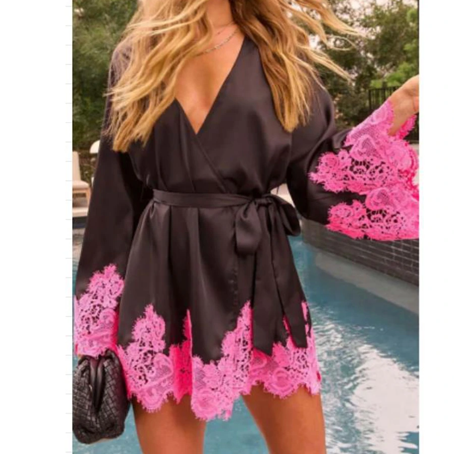 فستان نسائي أنيق مزين بالدانتيل الساتان، فستان قصير أنيق بألوان متباينة وأكمام طويلة ورقبة على شكل حرف V لارتداء المناسبات اليومية #2