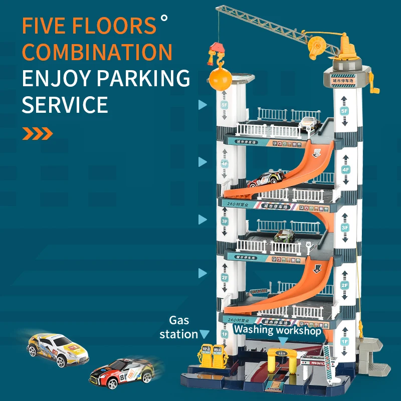 Construction de stationnement sur piste à manivelle, ascenseur manuel, jouet de Parking à cinq étages avec 3 Mini voiture coulissante, voiture sur Rail, jouet pour enfants, cadeau