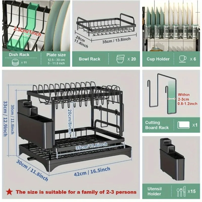 2-Tier Metal Dish Drying Rack – Black Kitchen Counter Dish Drainer with Drainboard, Two-Tier Storage Organizer